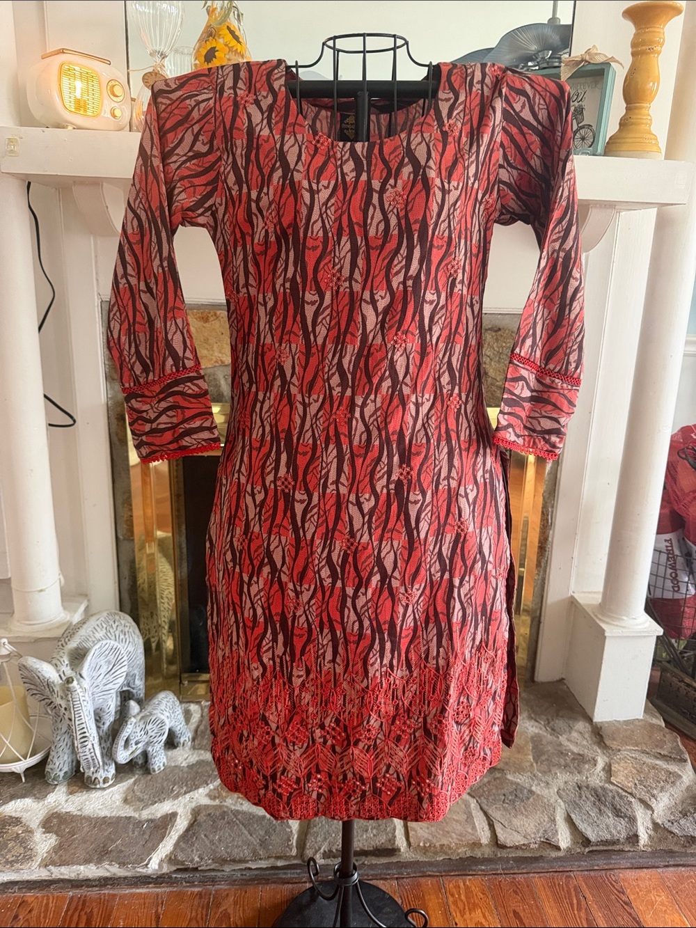 Red Patterned Women's Kurti Dress with Embroidered Hem